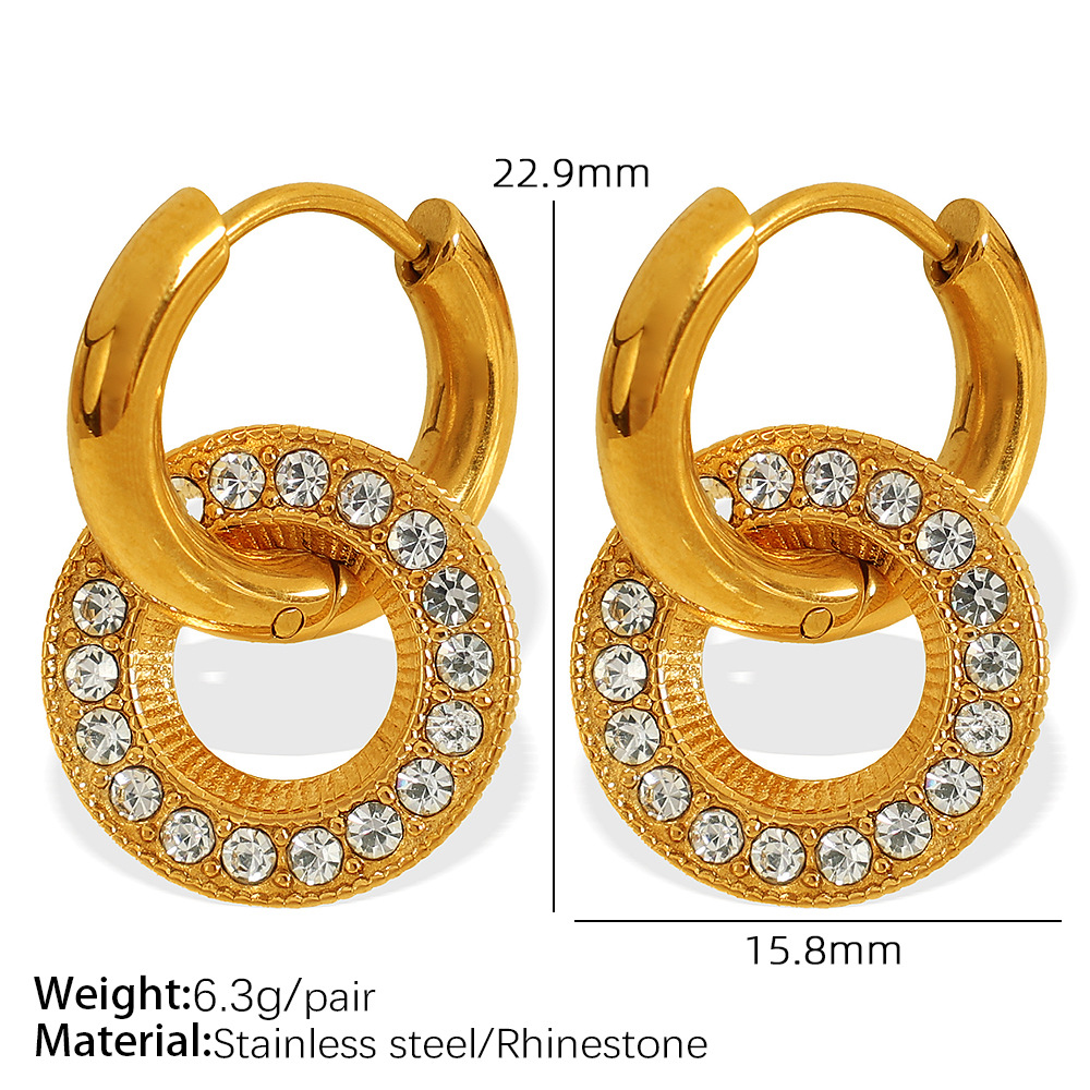 1 Pair Classic Series Retro Geometric Stainless Steel  Gold Color Rhinestone Women's Drop Earrings h5 